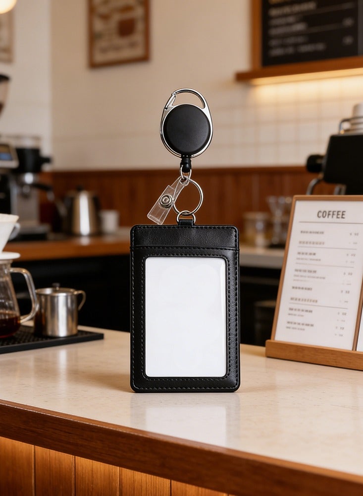 Joybos Leather Id Badge Holder, Horizontal Pu Leather Id Badge Holder With 1 Clear Id Window & 1 Credit Card Slot And A Detachable Neck Lanyard (Vertical, Black) - Image 1